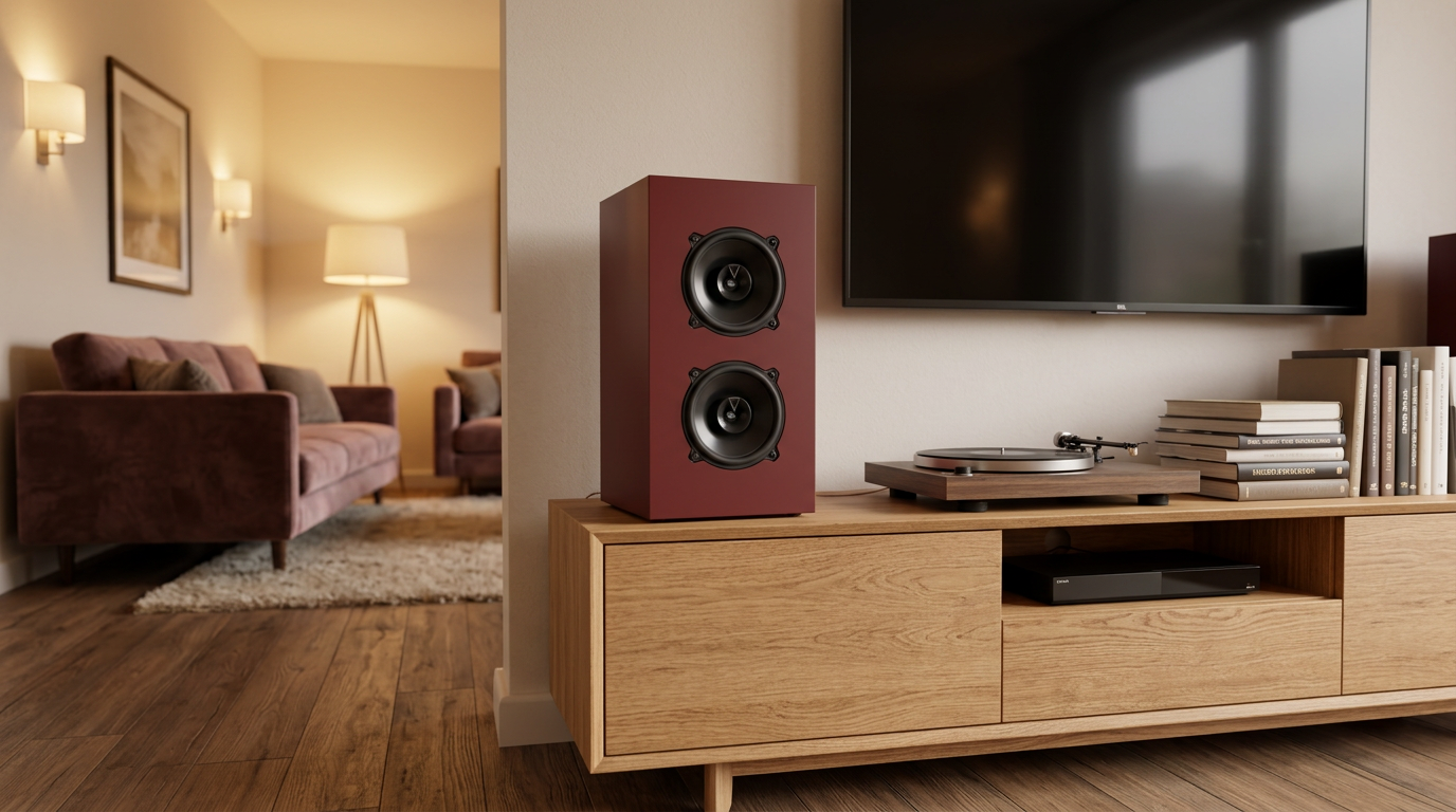 Interno di un soggiorno con mobili in legno, una televisione a schermo piatto, un diffusore acustico rosso e un giradischi.