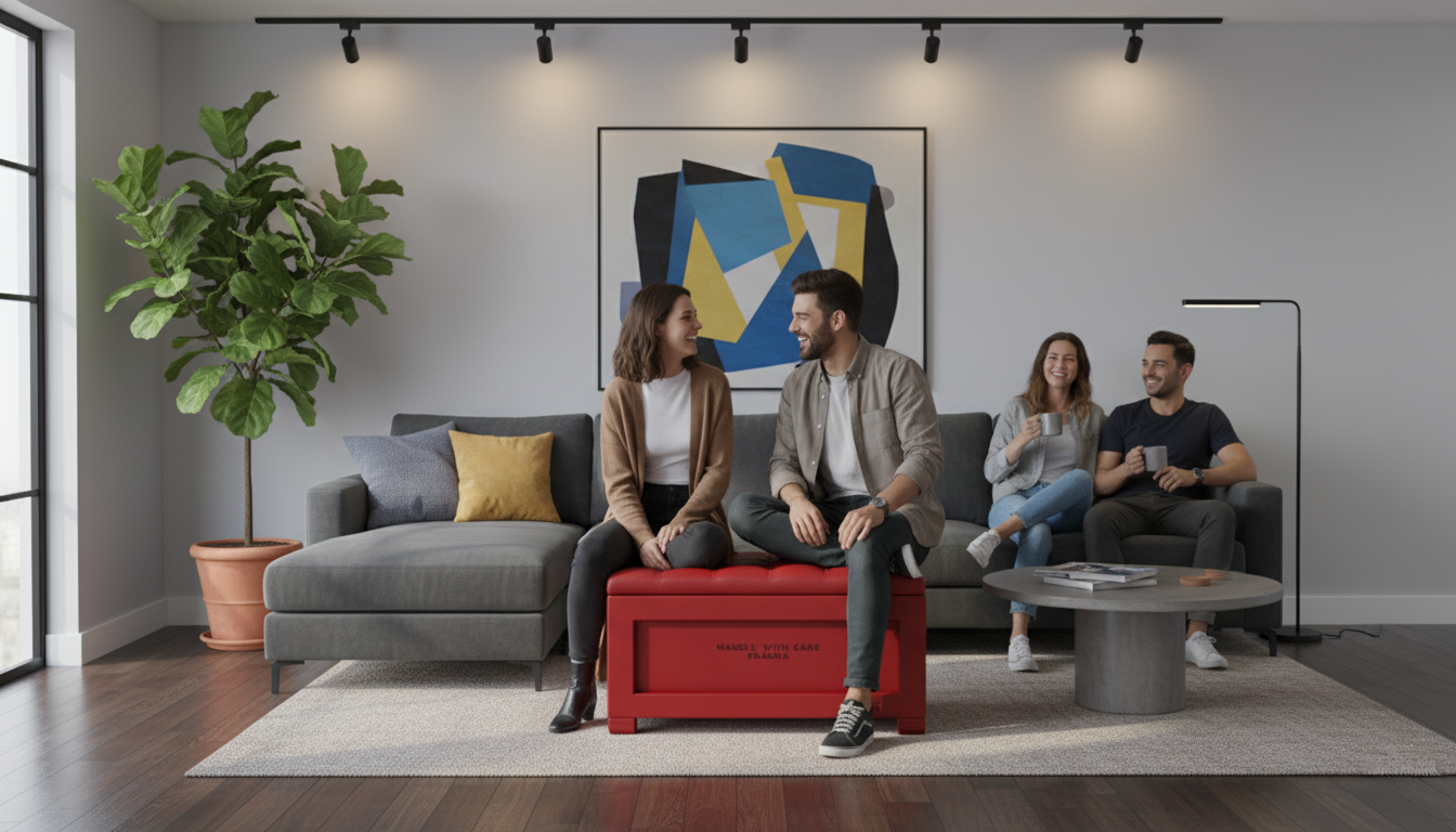 Quattro persone sedute su un divano in un soggiorno moderno che chiacchierano e sorridono, con una pianta grande a sinistra, un quadro astratto sul muro, e uno consistente tavolino di pietra o cemento con riviste, mentre bevono in tazze.