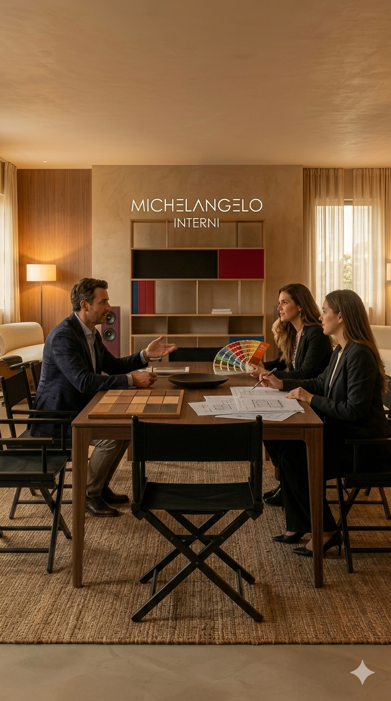 Due donne in abiti formali e un uomo in giacca conversano seduti a un tavolo di lavoro in un interno moderno con scaffale e tende, discussione su colori e design.