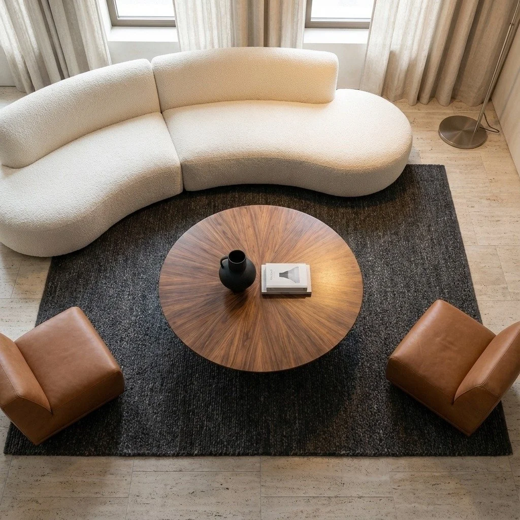 Un soggiorno moderno con divano bianco a forma di una mezzaluna, due poltrone di pelle marrone, un tavolino rotondo in legno scuro con un vaso nero e un libro, e una lampada da terra in metallo. La stanza ha tappezzerie chiare e un pavimento in legno chiaro, con una grande finestra con tende.