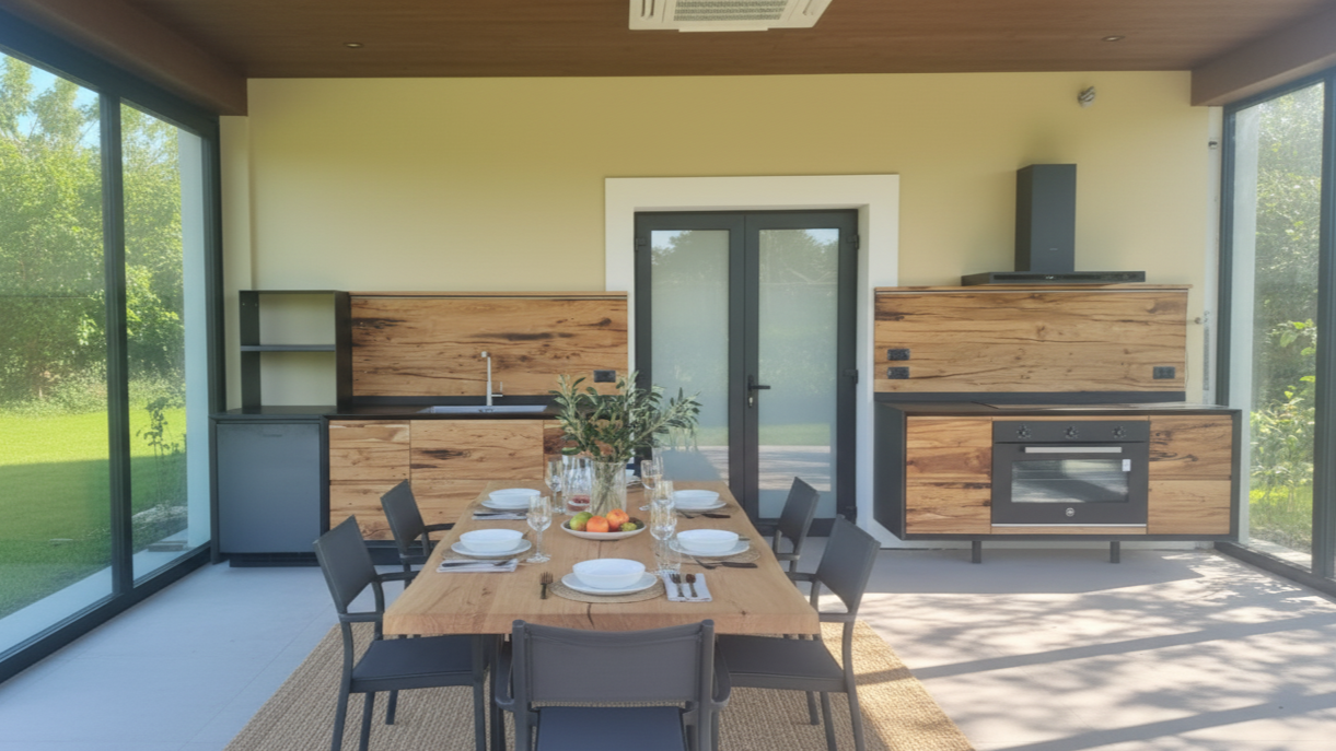 Cucina moderna con tavolo da pranzo apparecchiato, sedie nere, grandi vetrate con vista su giardino verde.