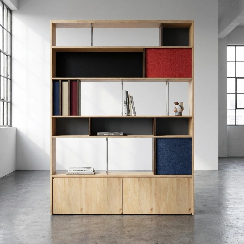 Scaffale in legno con ripiani decorati con libri, oggetti d'arte e scatole di tessuto colorate, in un ambiente luminoso e minimalista.