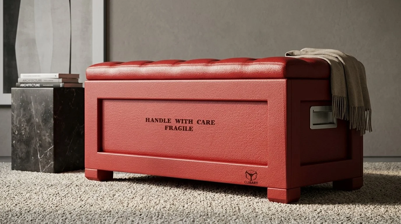 Cassapanca rossa in stile moderno con scritto 'Handle With Care Fragile' e una coperta beige sopra