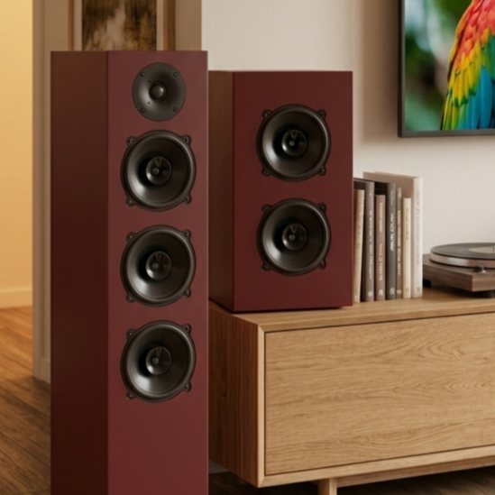 Due casse acustiche di colore rosso in un living, posizionate accanto a una mensola con dischi e un televisore