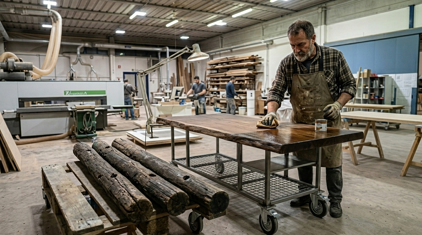 Un uomo con grembiule e guanti che lucida un grande piano di legno in un'officina, con altri lavoratori e attrezzature in background.