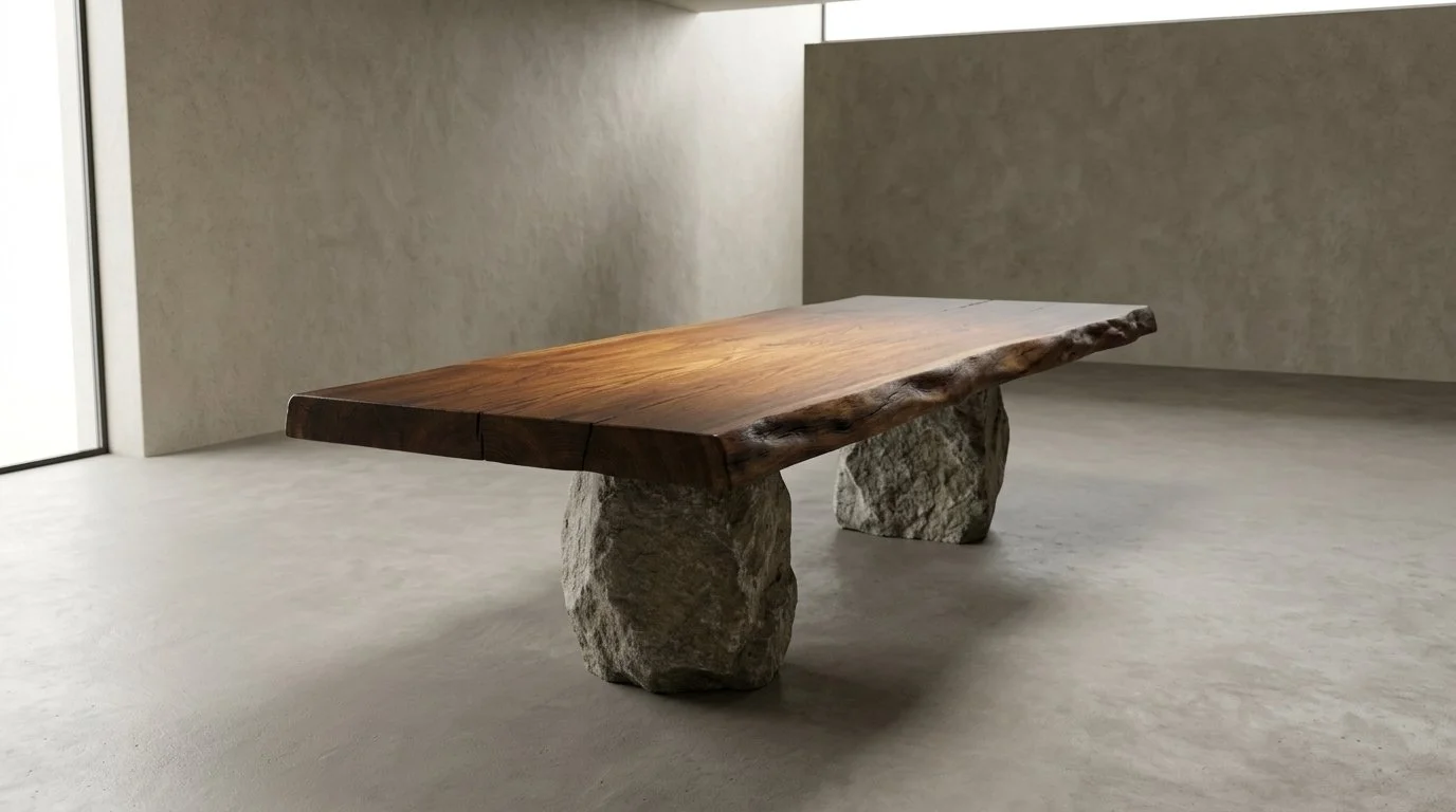 Tavolo con piano in legno massiccio e gambe in pietra naturale in un ambiente minimalista.