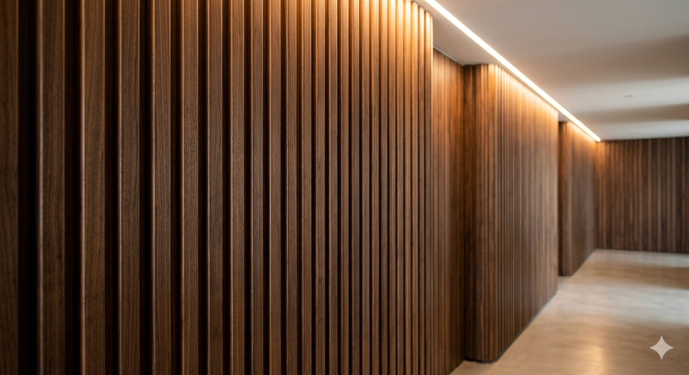 Interno di un edificio con pareti rivestite di pannelli di legno verticali, illuminazione a LED lungo il soffitto, pavimenti in marmo o pietra chiara.
