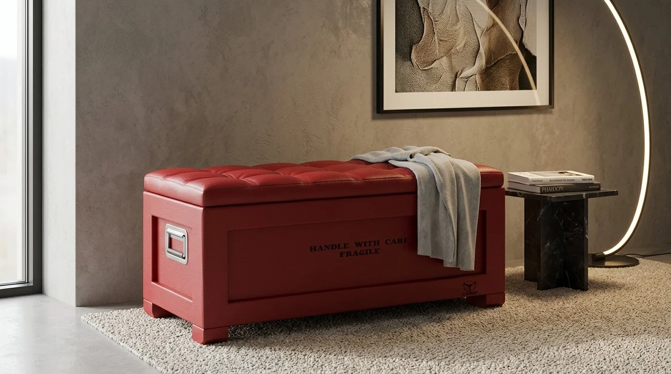 Cassa color rosso con etichetta 'HANDLE WITH CARE FRAGILE', sopra un plaid di tessuto grigio, in una stanza moderna con pareti beige, quadri e lampada ad arco accesa.