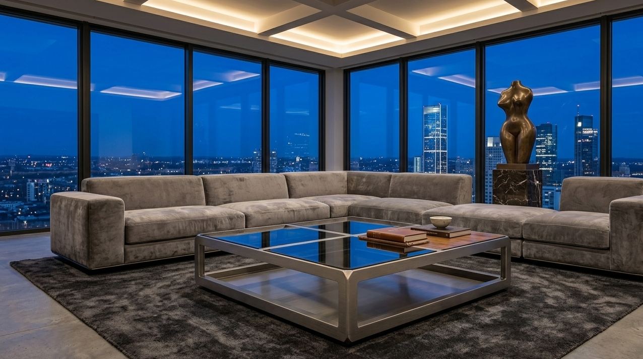 Soggiorno elegante con divano a L in tessuto beige, tavolino con superficie riflettente nero e struttura metallica, statua femminile in bronzo su colonna in marmo, veduta notturna sulla città attraverso grandi finestre.
