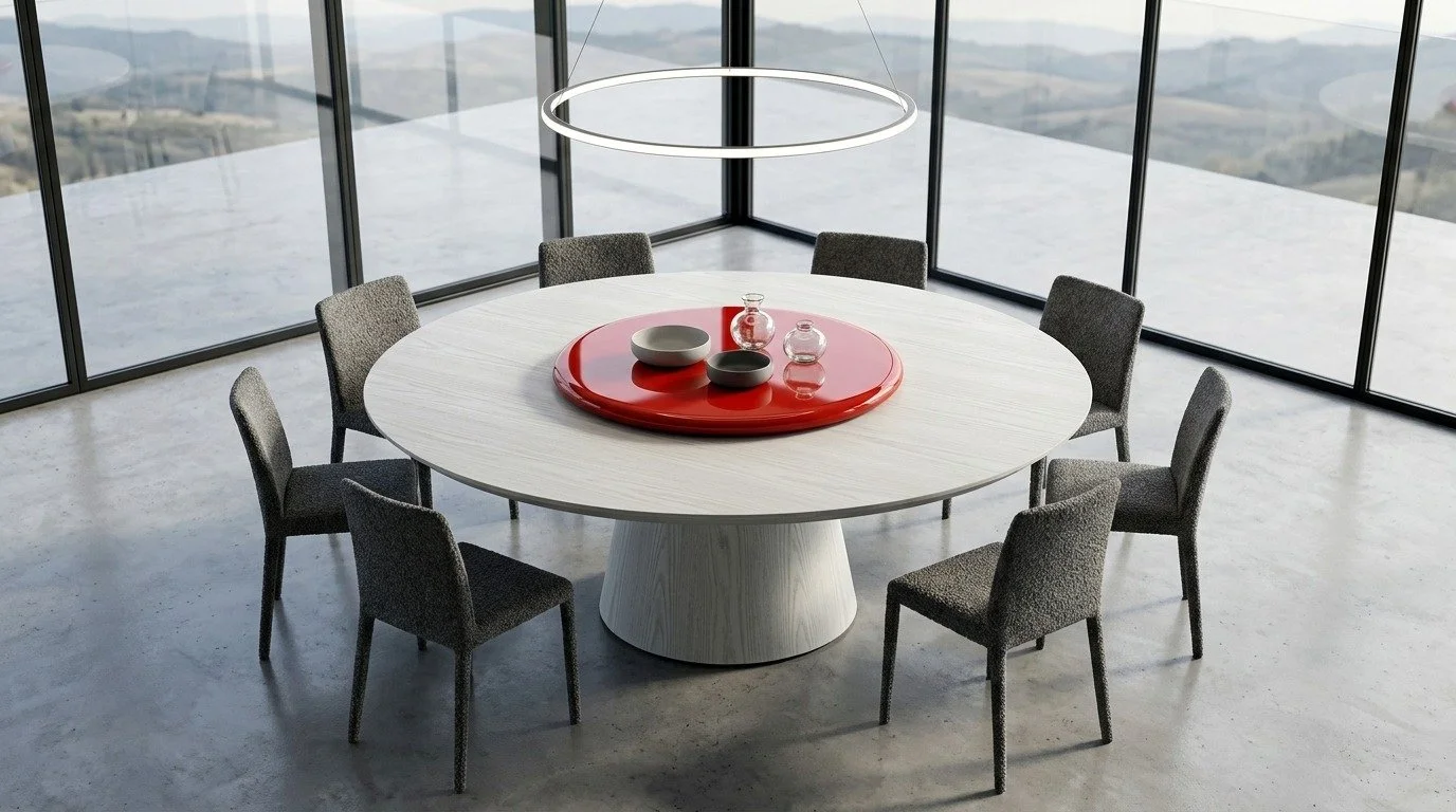 Sala da pranzo moderna con tavolo rotondo bianco, circondato da sei sedie grigie e una lampada circolare sopra, vista attraverso grandi finestre con panorama di paesaggio.