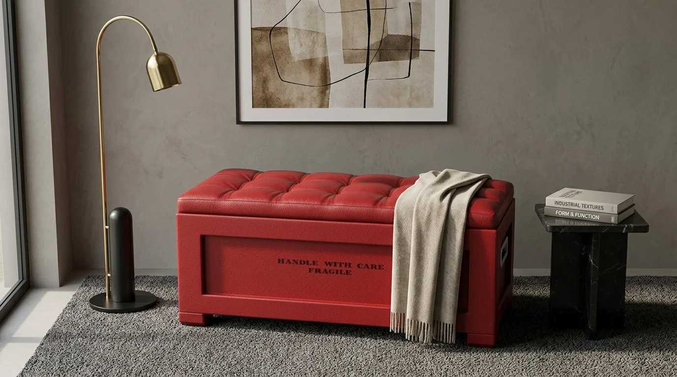 Mobili d'arredo in uno spazio interno, tra cui una panca rossa con cappotto, un tavolino nero con libri e una lampada da terra con finitura dorata.