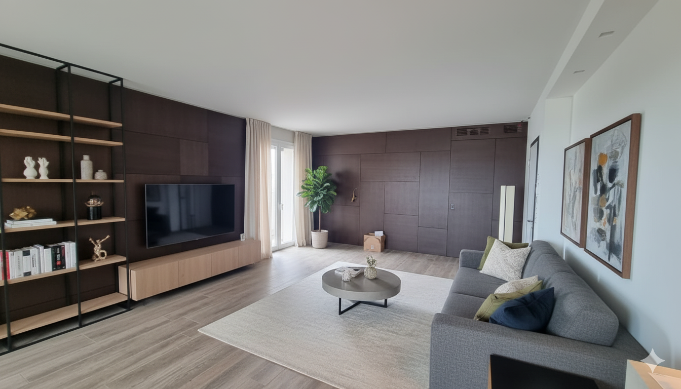 Soggiorno moderno con pareti in legno scuro, divano grigio con cuscini colorati, tavolino centrale tondo con decorazioni, pareti bianche con quadri astratti, libreria con oggetti decorativi, TV grande e finestra con tende chiare.