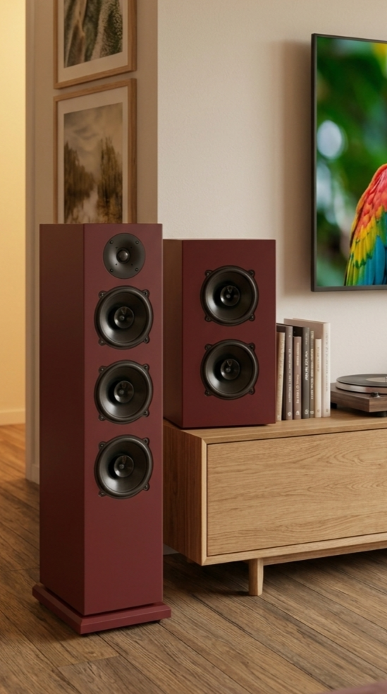 Due altoparlanti a torre di colore rosso scuro in un soggiorno, posizionati vicino a un mobile di legno, con una TV e libri sul mobile e quadri alle pareti.