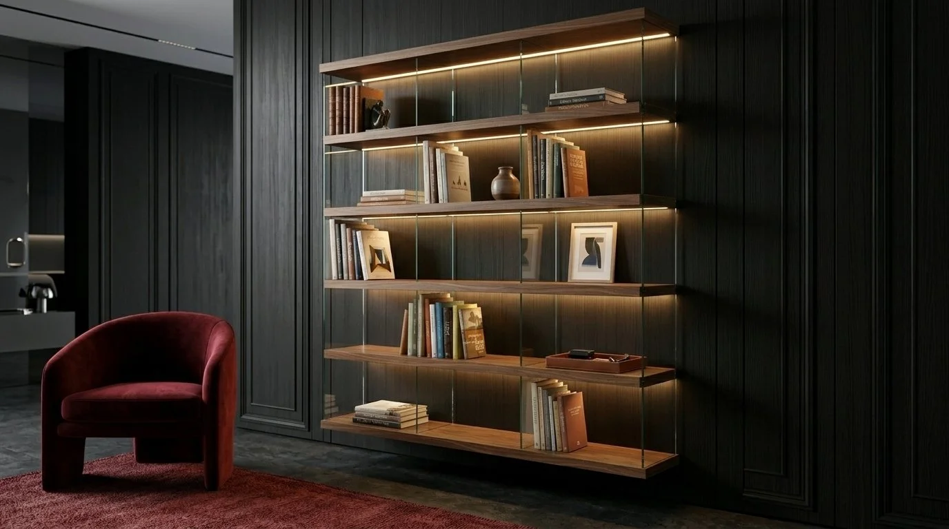 Scaffale di legno con luci LED integrato, pieno di libri e decorazioni, in una stanza con pareti nere e pavimento in legno scuro. In primo piano, una poltrona rossa in velluto su un tappeto rosso.