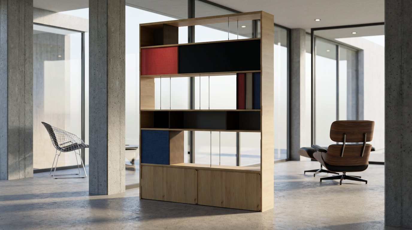 Scaffale moderno in legno con scomparti colorati in un soggiorno luminoso con grandi finestre, poltrona in pelle marrone e sedia in metallo di fronte a una parete di vetro.