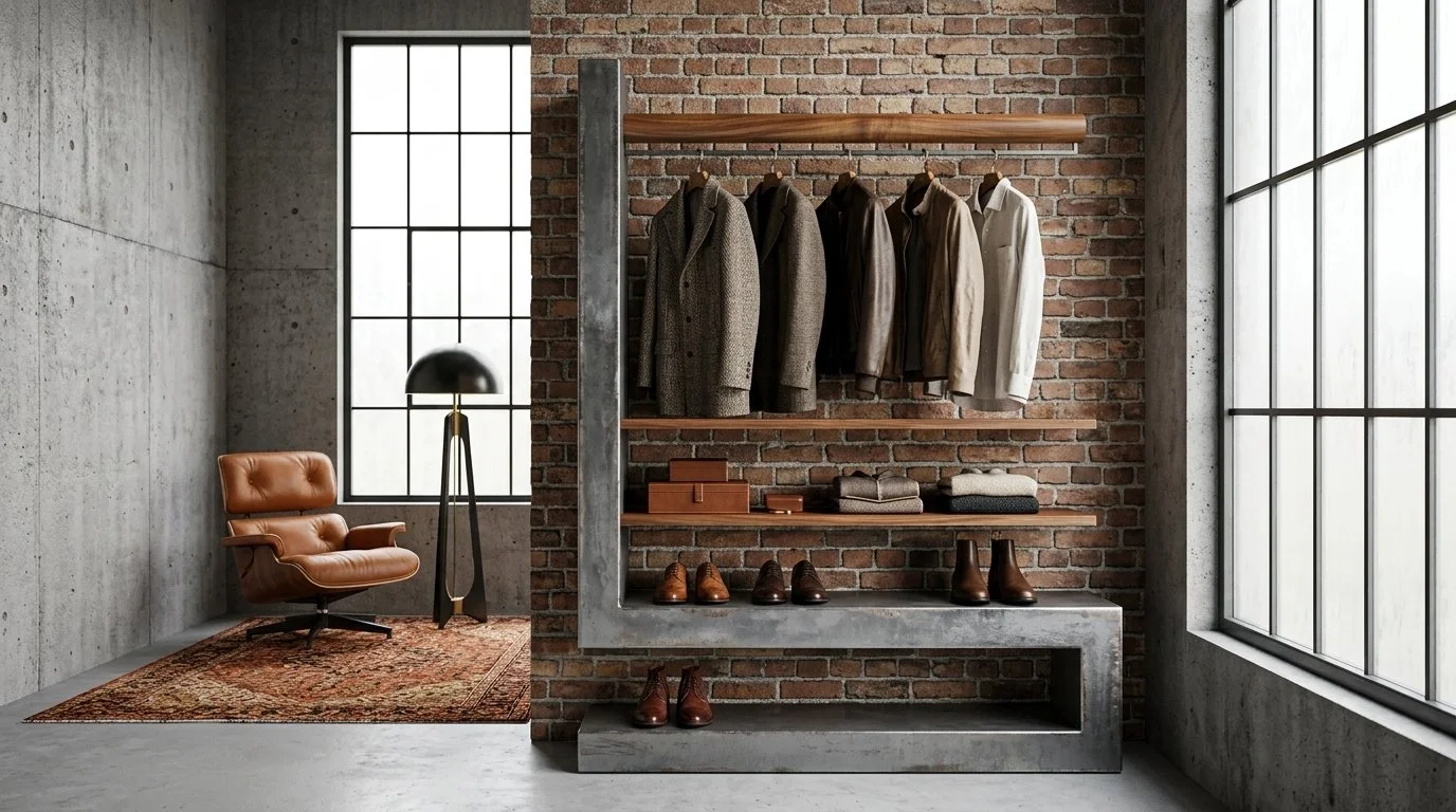 Armadio con capi di abbigliamento e accessori in un appartamento moderno con pareti di mattoni e grandi finestre.