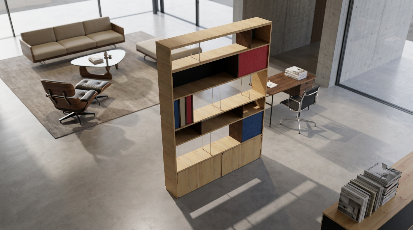 Interno di un ufficio moderno con area relax, scrivania e libreria in legno.