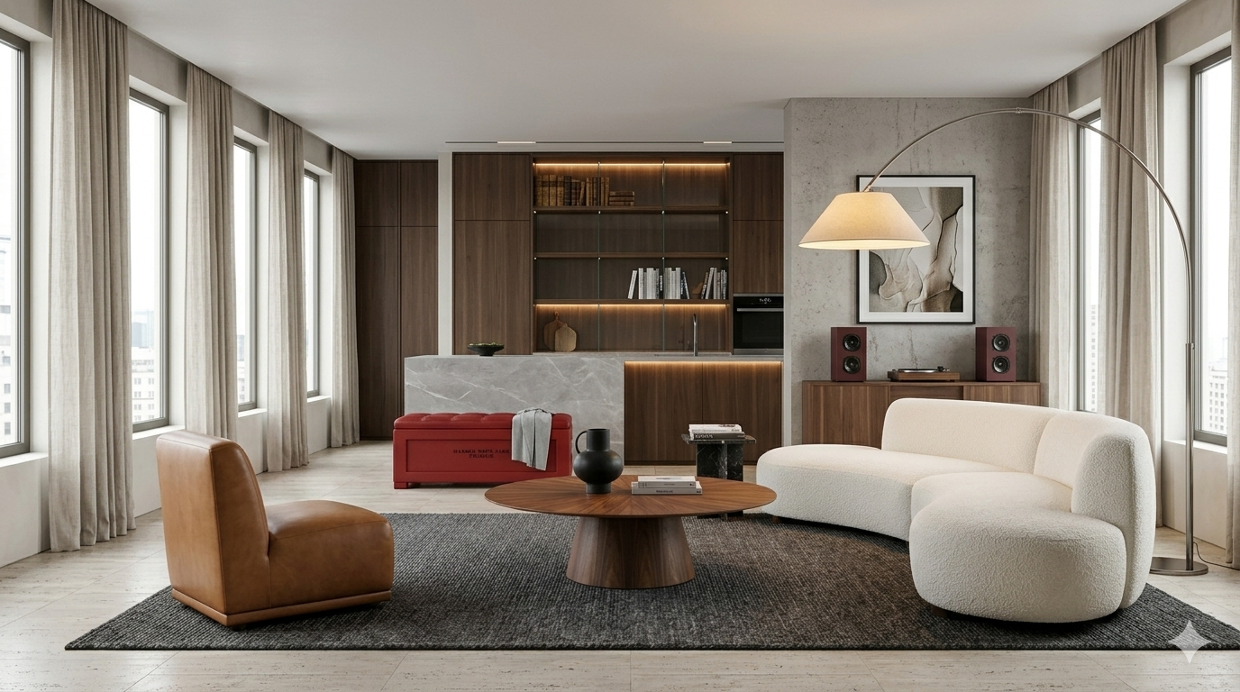 Soggiorno moderno con grandi finestre, divano bianco, poltrona marrone, tavolino, lampada da terra e pareti in vetro con arredamento in legno