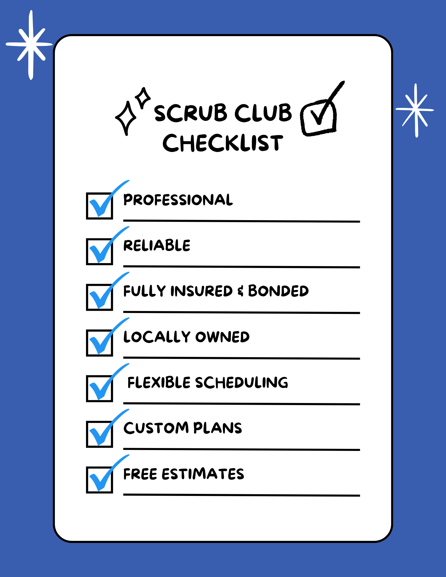 A checklist titled 'Scrub Club Checklist' with six items, all checked off, on a white background with blue decorations and sparkles.