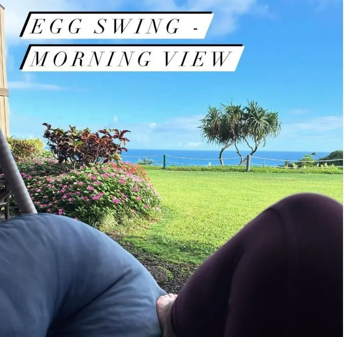 View of a lush grassy field with pink flowers, a couple of palm trees, and the ocean in the background under a blue sky. Part of a person reclining and a part of another person's leg are visible in the foreground, suggesting a relaxed morning outdoors.