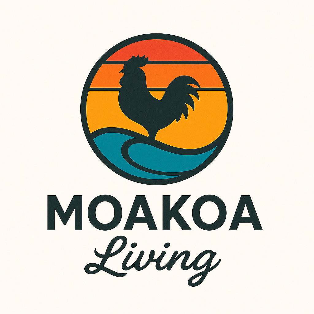 Logo of Moakoa Living featuring a black rooster silhouette within a circular background with a sunset gradient, ocean wave, and the text 'MOAKOA Living' underneath.