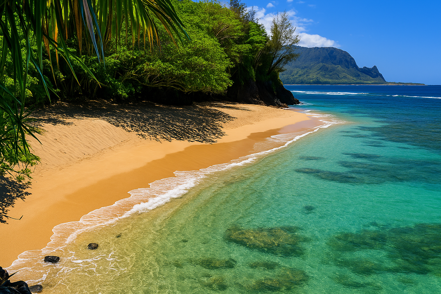 Tropical beach with clear turquoise water, sandy shoreline, lush green trees, and a mountain in the background under a blue sky.