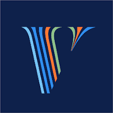 Stylized multicolored letter V on a dark blue background.