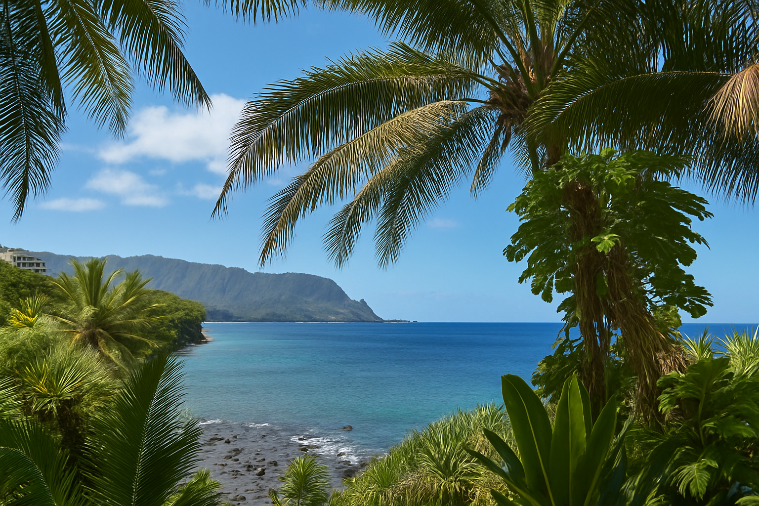 Tropical beach scene with large palm trees in the foreground, blue ocean water, rocky shore, distant green mountain, and partly cloudy sky.
