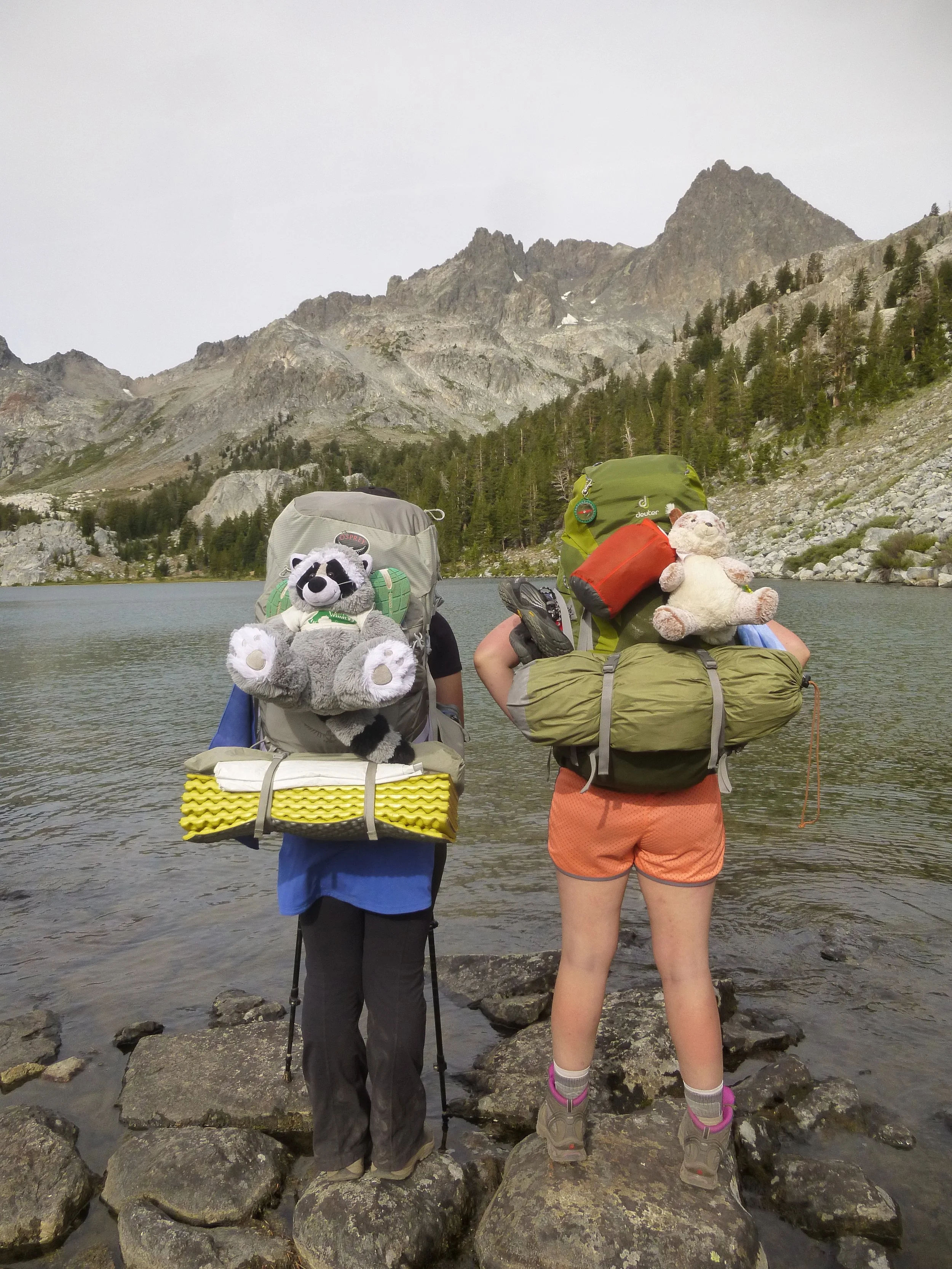 Two girl scout backpackers standing at the edge of an alpine lake with their backs to the camera, showcasing the gear they are carrying.