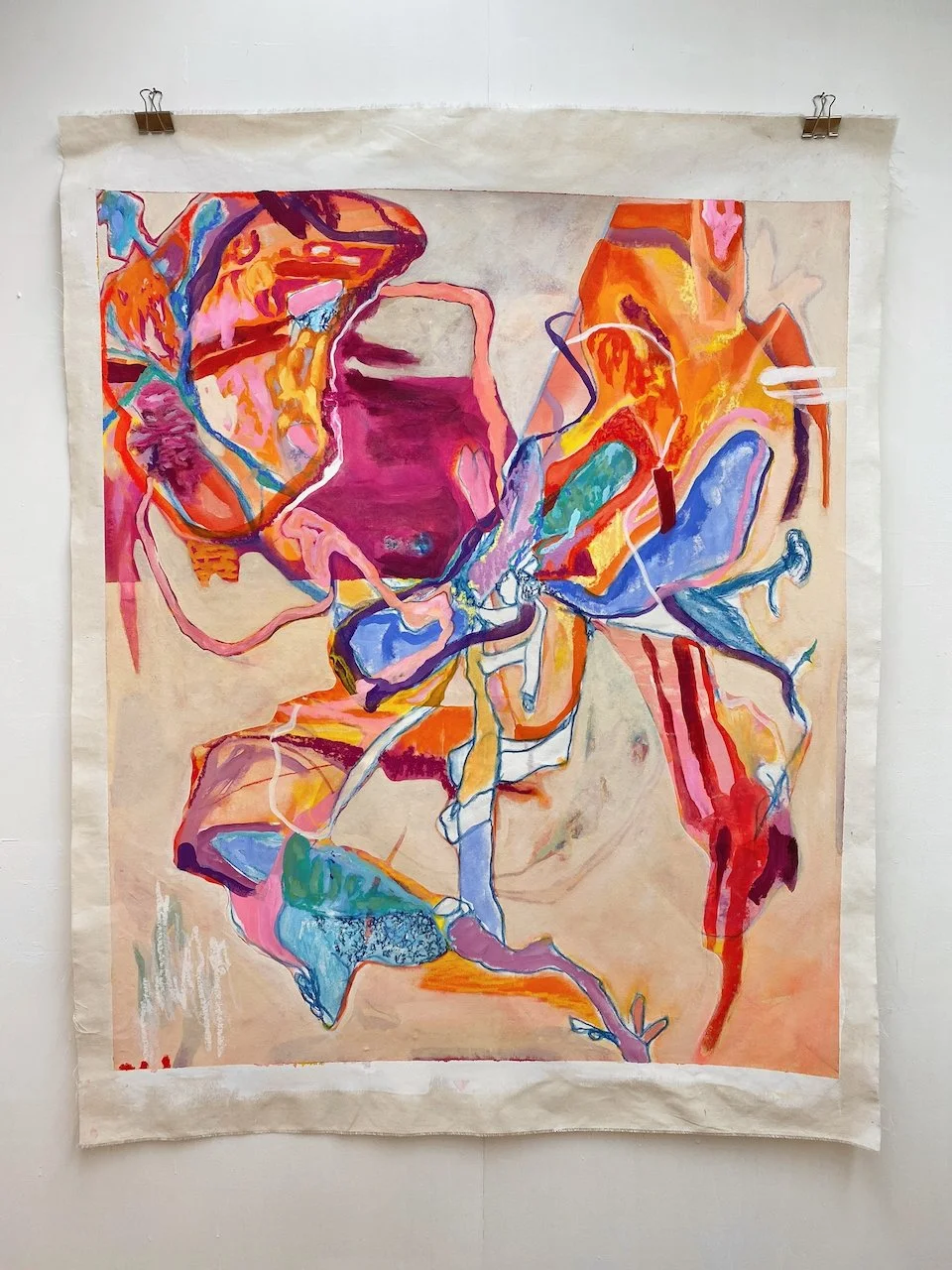 Reconnecting 5, 2026, acrylic, oil pastel, inktense on unprimed cotton canvas - 150 x 120cm (incl. unpainted edge)