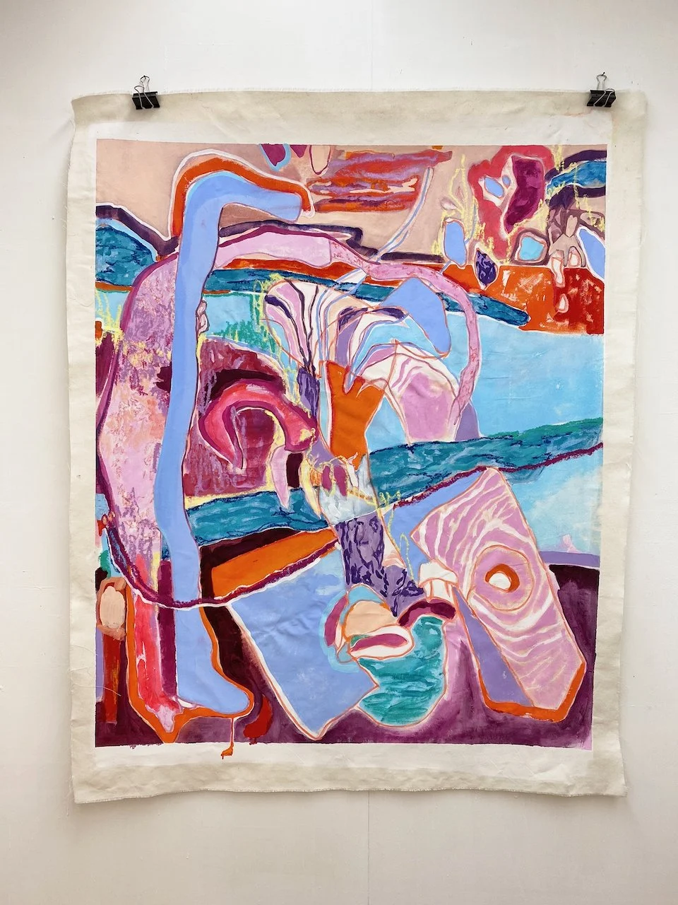 Reconnecting 6, 2026, Acrylic, oil pastel, inktense on unprimed cotton canvas - 150 x 120 cm (incl. unpainted edge)