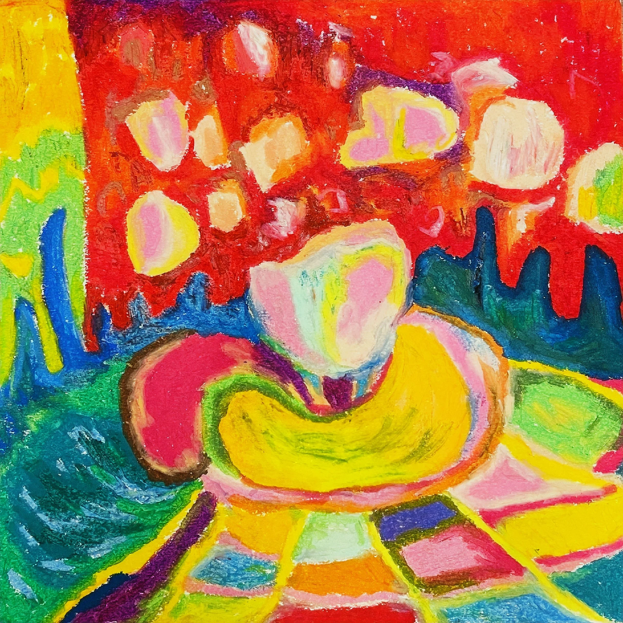 Light in Front of the Fountain, oil pastel on paper, 30×30cm, 2022