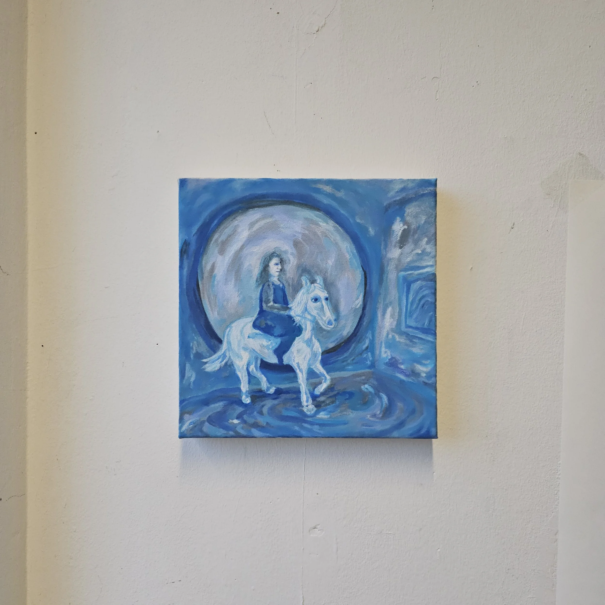 The Explorer and the White Horse on the Way to the Mirror Space
oil on canvas, 30×30 cm, 2025