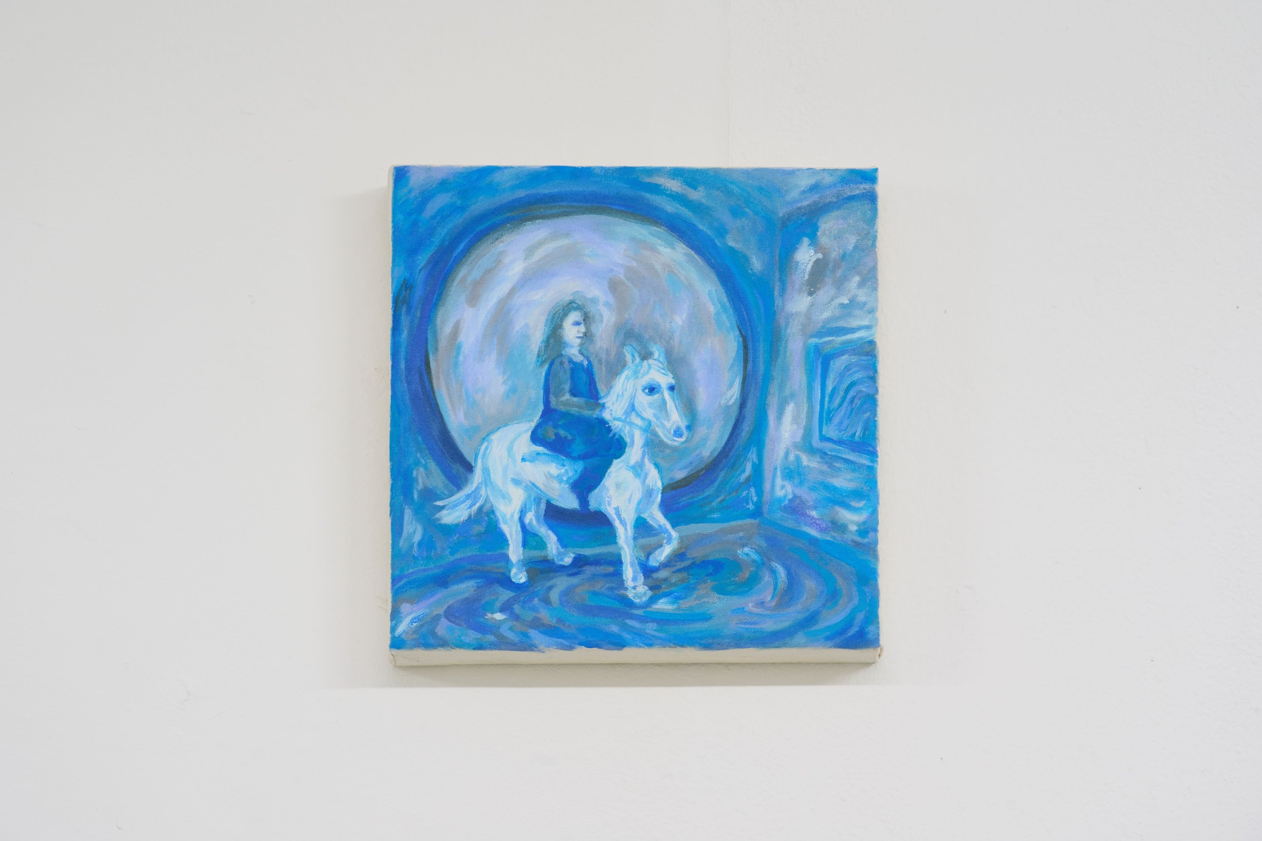 The Explorer and the White Horse on the Way to the Mirror Space
oil on canvas, 30×30 cm, 2025