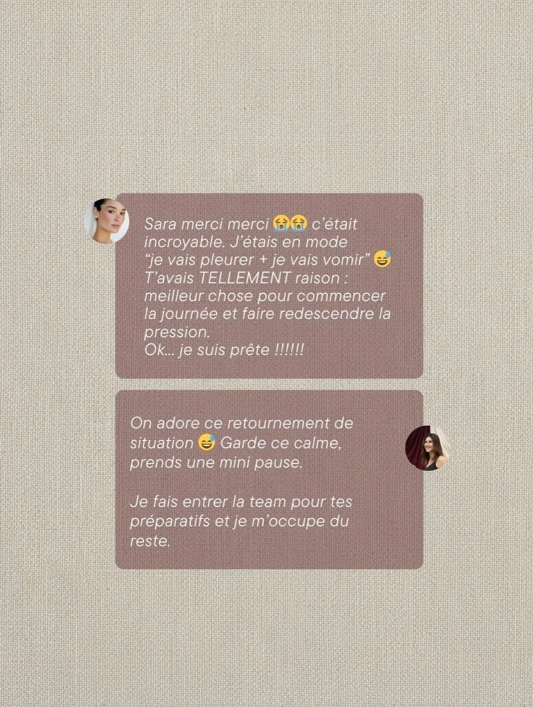 Personne ne te pr&eacute;vient de &ccedil;a : la pression, &ccedil;a se voit sur ton visage.

Le jour de son mariage, elle &eacute;tait en mode &laquo;&nbsp;je vais pleurer + je vais vomir&nbsp;&raquo;.

On avait pr&eacute;vu un soin kobido.

Le kobi