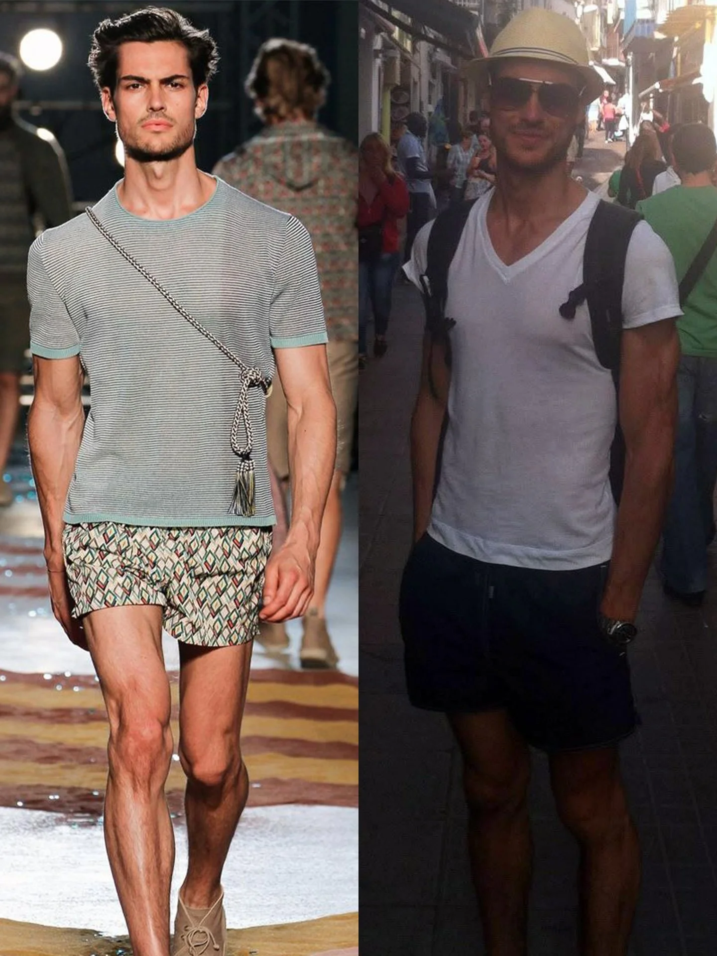 Fran Melero con ropa casual, una en la pasarela y otra en la calle, ambas con camiseta blanca y pantalones cortos, antes de su transformación física.