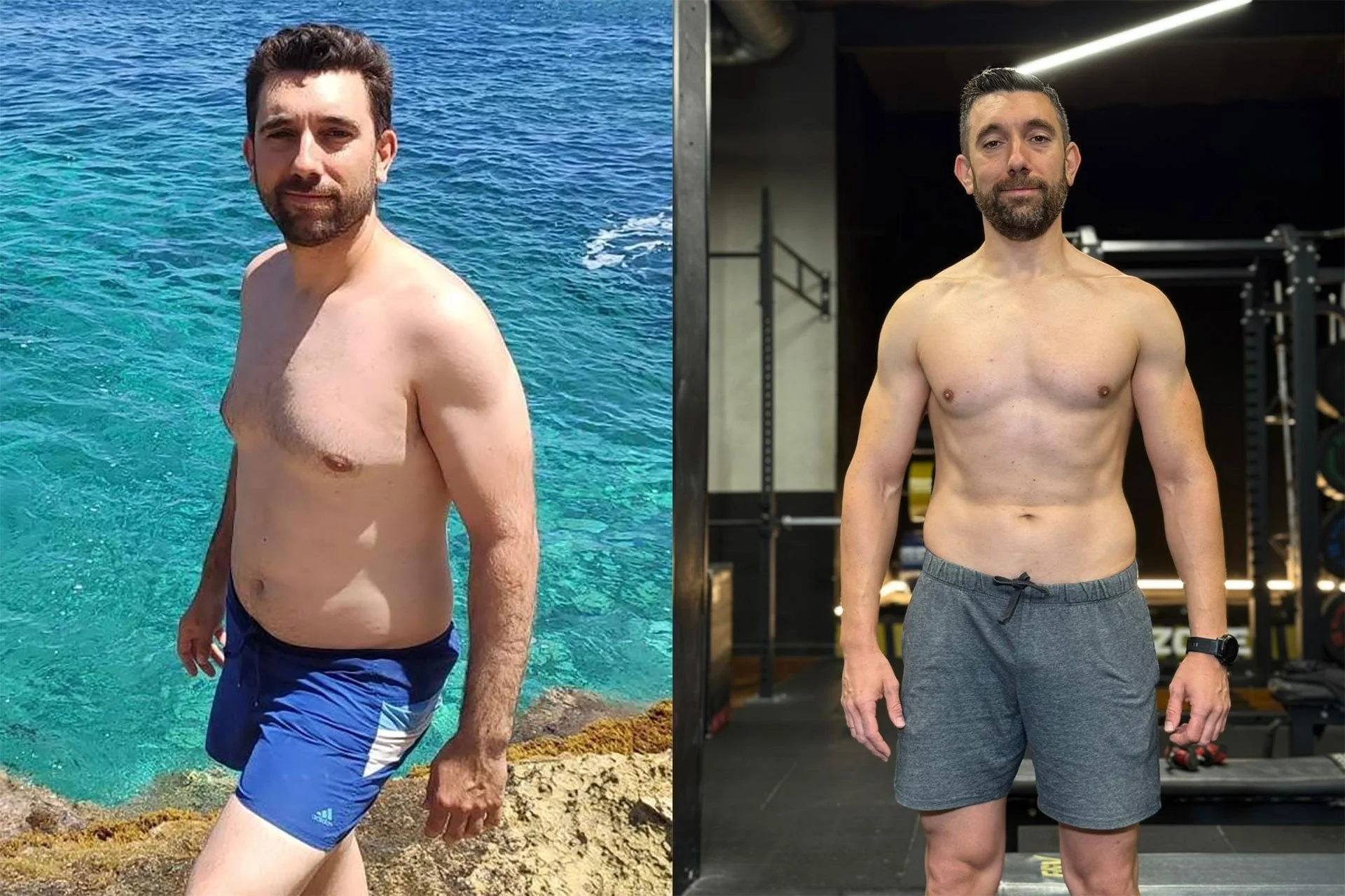 Hombre sin camiseta en la playa en la primera foto y en el gimnasio en la segunda, mostrando cambios en su físico.