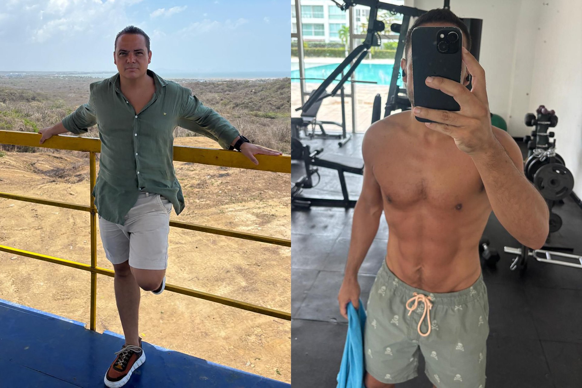 Hombre en exteriores en una locación árida y en interiores en un gimnasio, tomando selfie con teléfono, mostrando cuerpo muscular y en forma.
