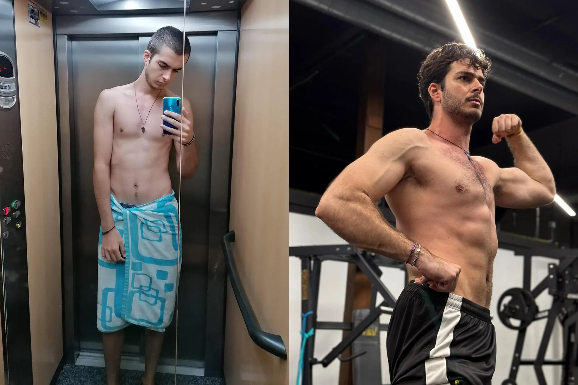 Hombre joven en el ascensor con ropa de baño y en el gimnasio mostrando sus músculos.