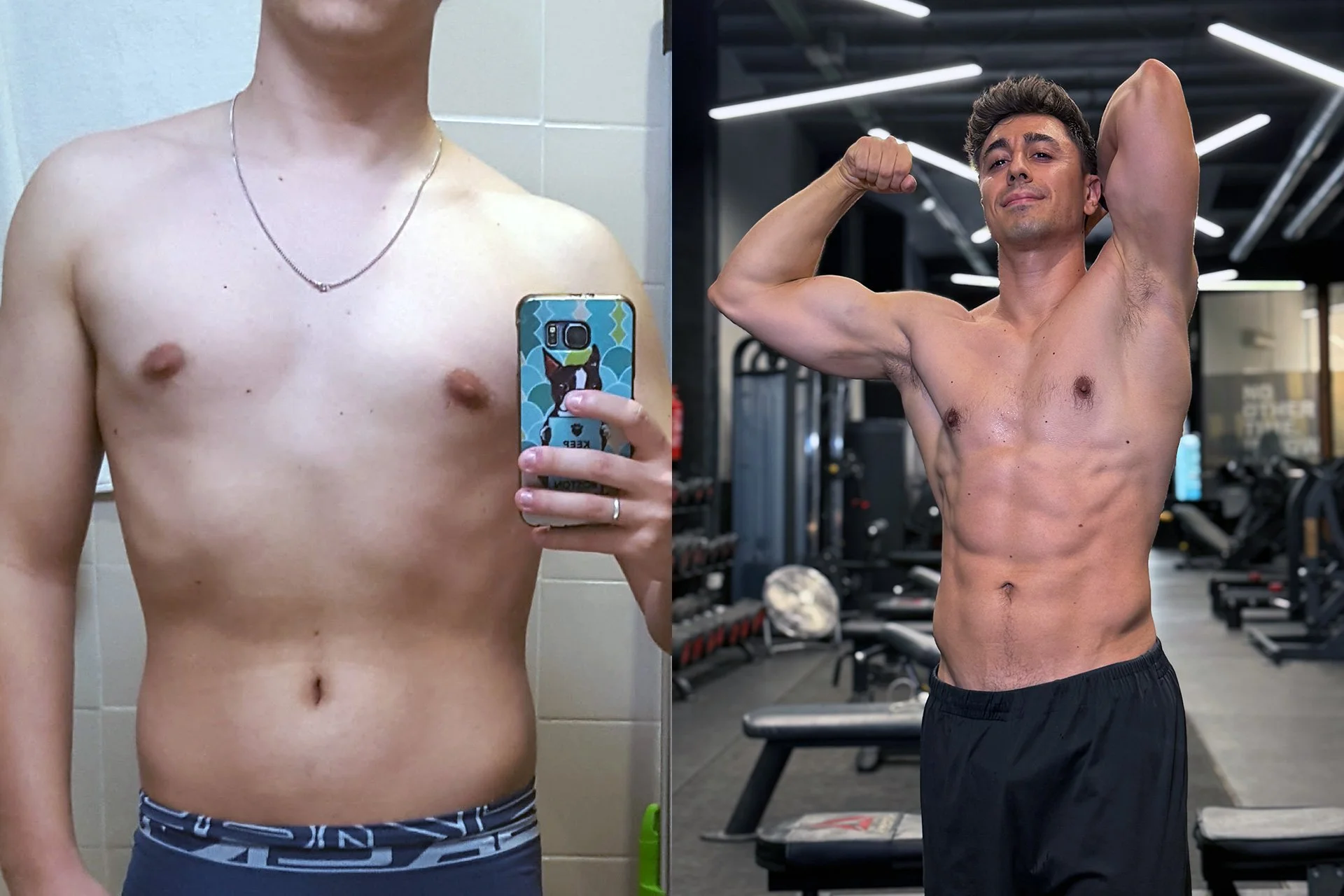 Dos hombres, uno en el lado izquierdo sin camiseta y uno en el lado derecho en un gimnasio, mostrando músculos.