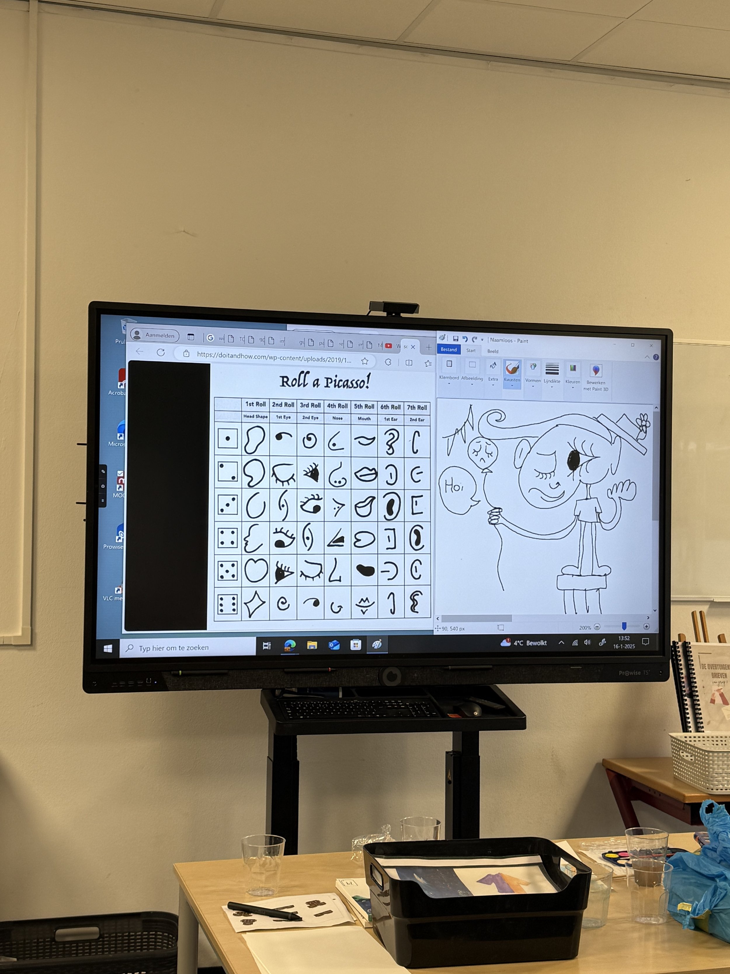 Digibord met uitleg over Picasso tijdens kunstles voor kinderen bij Studio XXVIII.