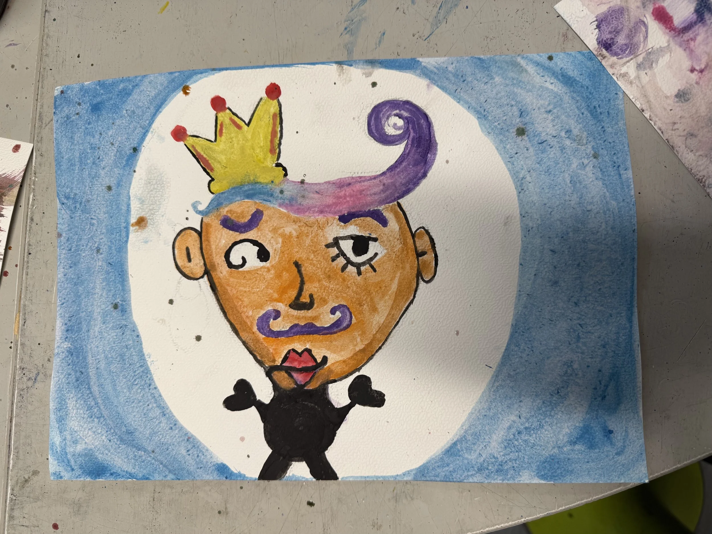 Kinderschilderij geïnspireerd op Picasso, gemaakt met aquarelverf tijdens kunstles van Studio XXVIII.