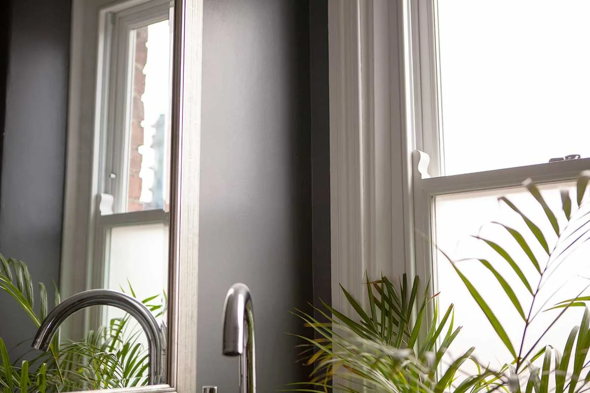 Interior of a room with two windows, gray walls, a mirror, and potted green plants near the windows.