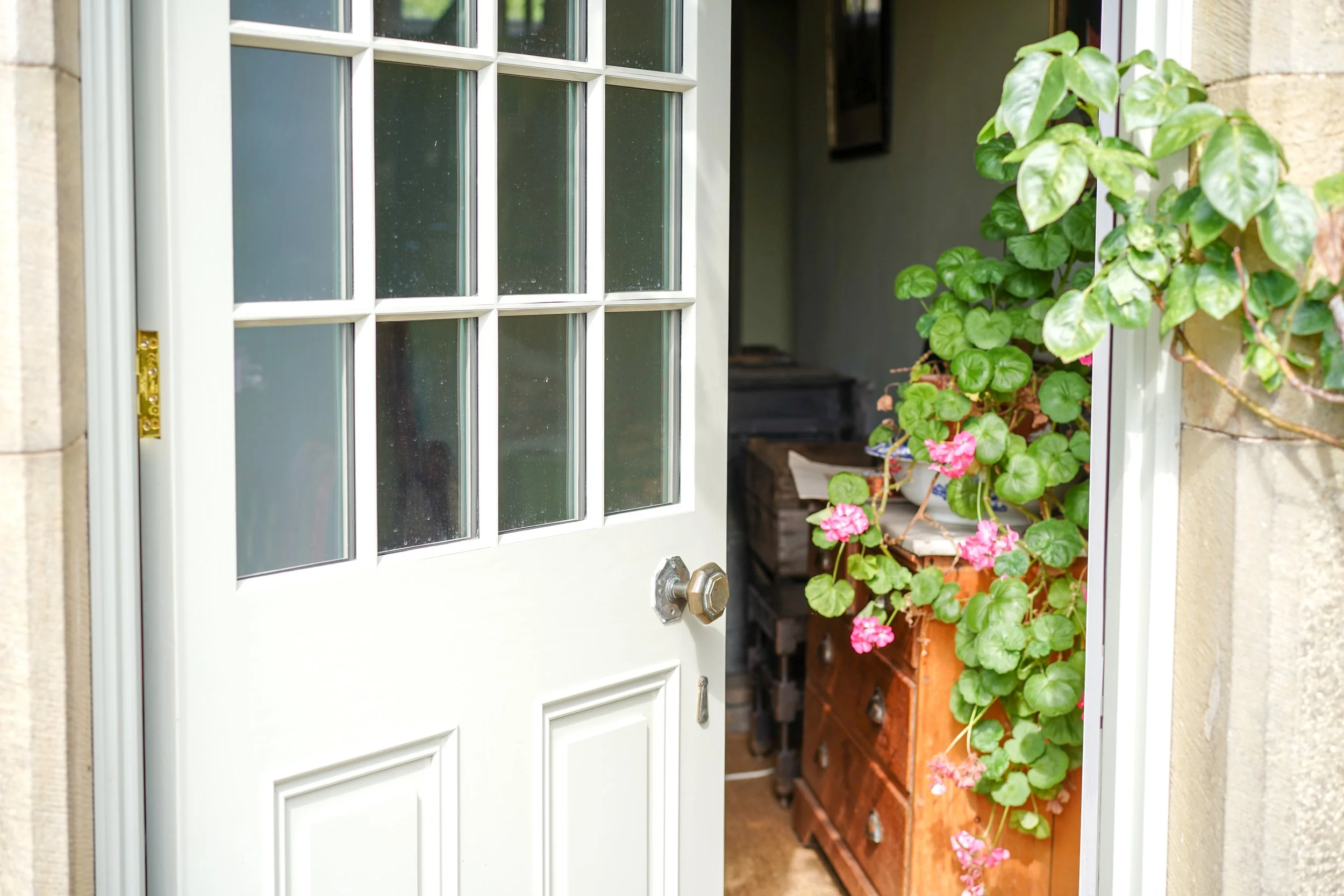 Open white front door with window panes, revealing a cozy interior with a wooden dresser, books, and a potted pink-flowered plant beside the door.