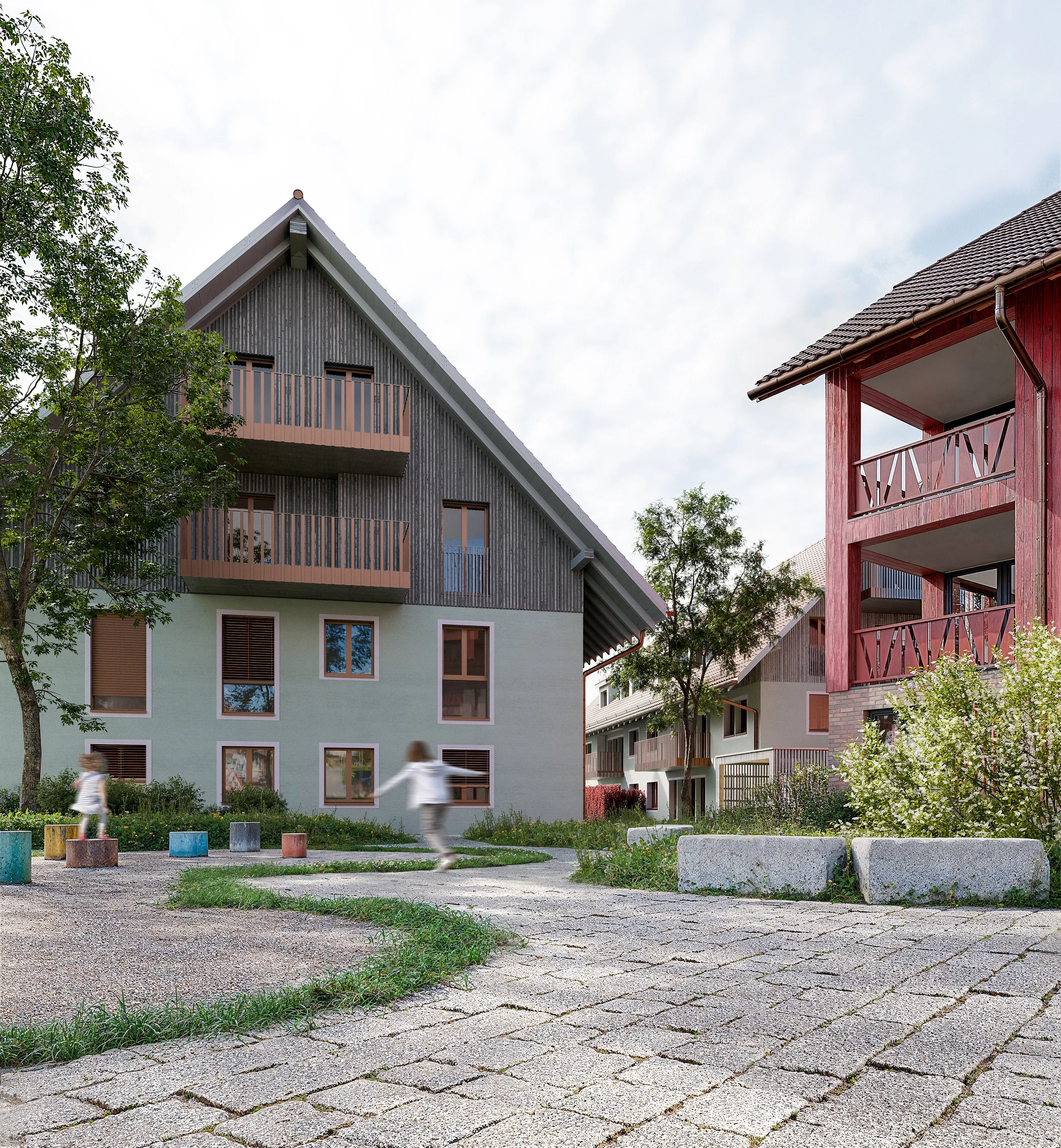 Mehrstöckige moderne Wohngebäude mit Holz- und Putzfassaden, umgeben von Bäumen und einem Spielplatz mit Kindern, die herumlaufen, auf Pflasterwegen und umgeben von grünen Flächen.