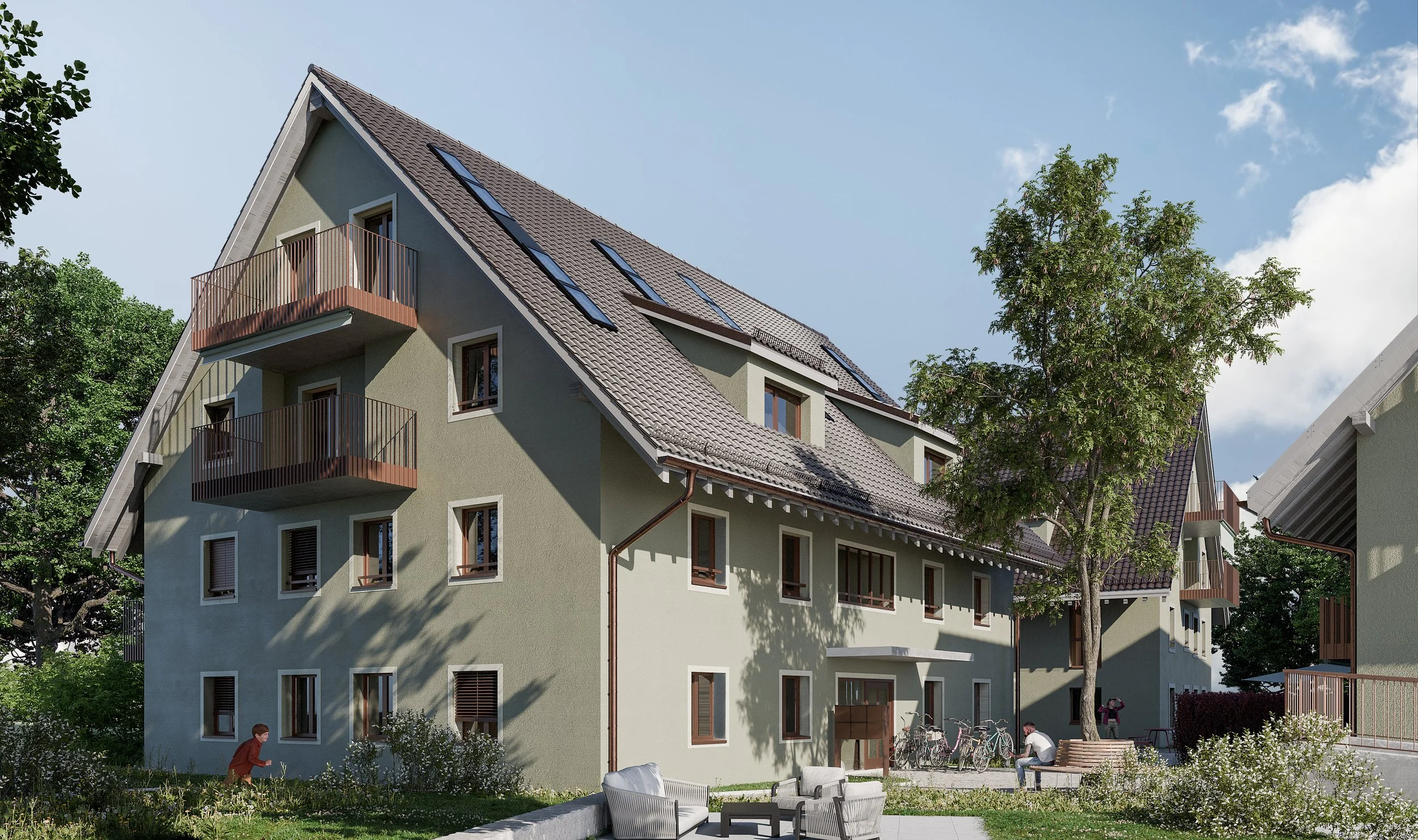 Mehrfamilienhäuser in grüner Umgebung mit Bäumen, Balkon, Gärten, Bänken und Fahrrädern, bei sonnigem Himmel.