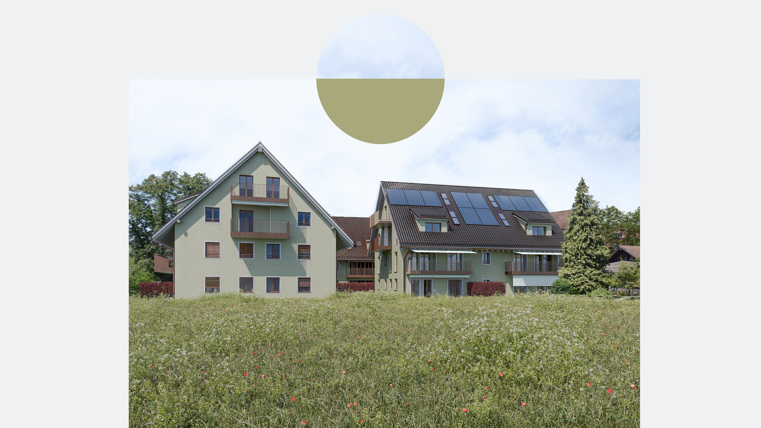 Mehrfamilienhäuser mit Solardächern und Balkonen vor einem grünen Feld mit Blumen, Bäumen und bewölktem Himmel.