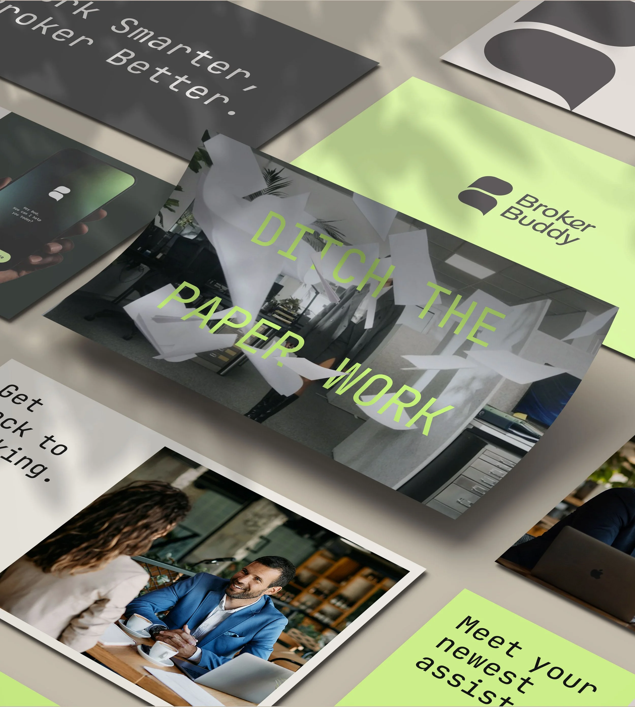 A collection of printed advertisements and promotional materials on a beige table, including a brochure with a photo of a man in a blue suit and a woman, a green paper with the words "Meet your newest assistant," and a black paper with white text that says "Smart, Better," and "Smarter, Better."