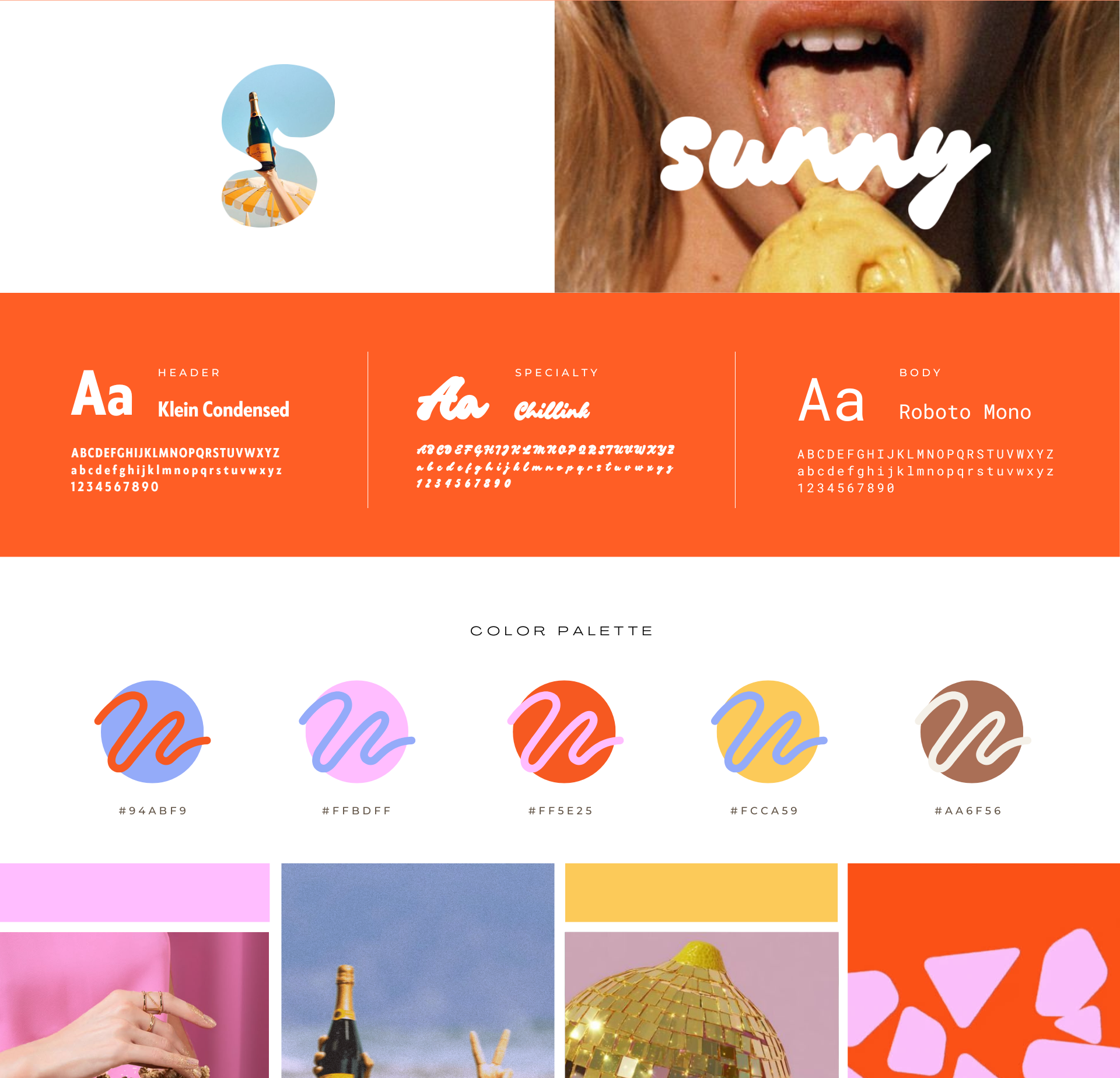 Color palette featuring circles with different color codes and the word "sunny" written across a person's tongue sticking out, with a background of vibrant colors and images of celebrations.