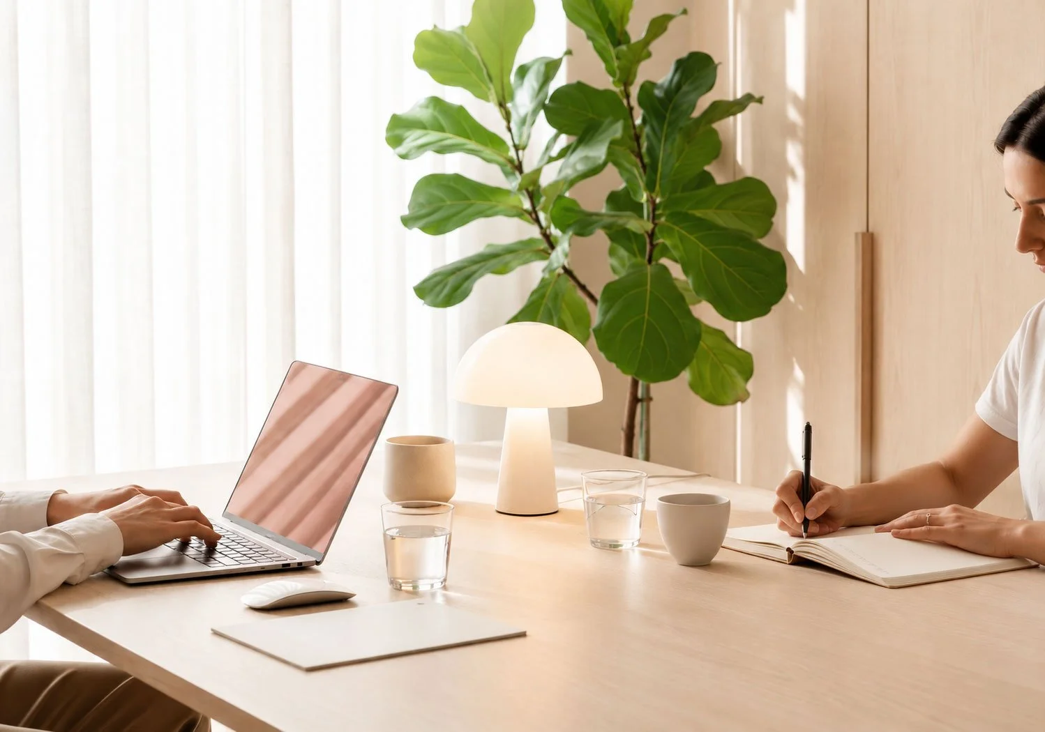 Two people sitting at a light-colored wooden table with a laptop, notebook, pens, glasses of water, and cups. There is a small table lamp and a large leafy plant in the background.